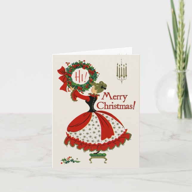 Retro-Style “Woman Hanging Christmas Wreath” Card (Front)