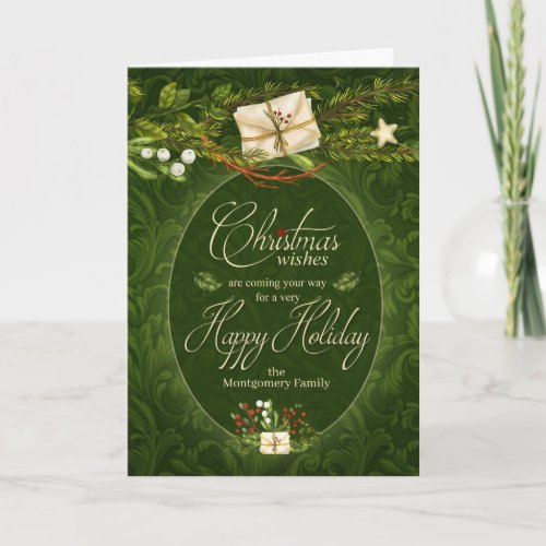 Retro Styled Christmas in Deep Green and Cream Holiday Card