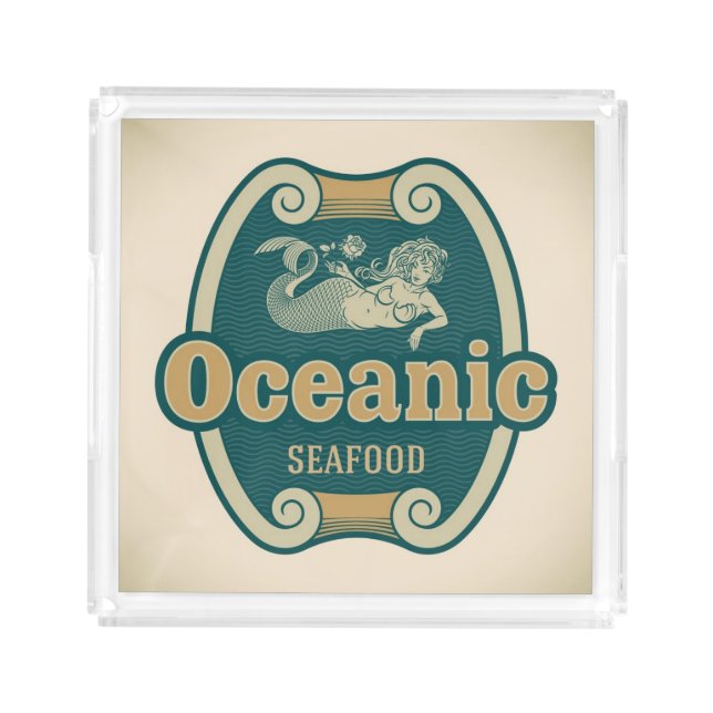 Retro-styled mermaid seafood label acrylic tray (Front)