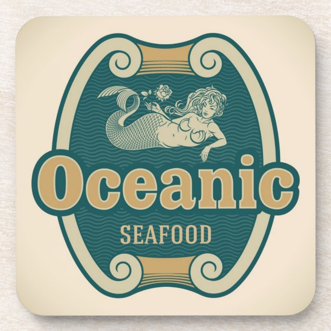 Retro-styled mermaid seafood label coaster (Front)
