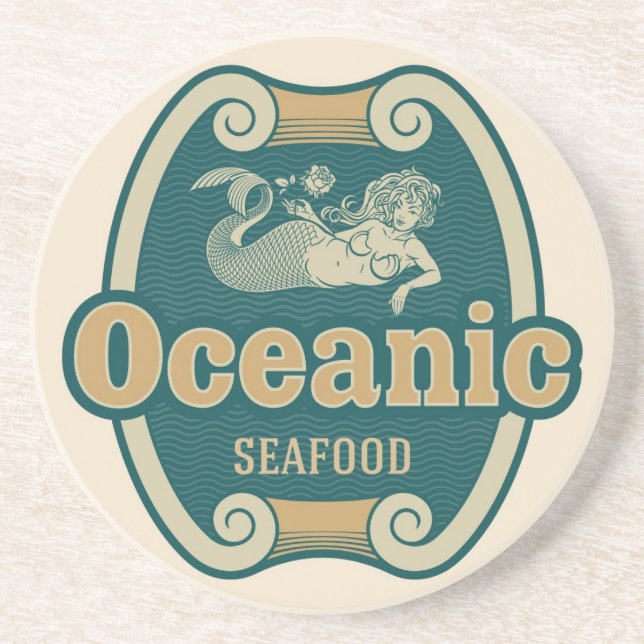 Retro-styled mermaid seafood label drink coaster (Front)