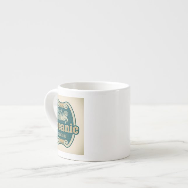 Retro-styled mermaid seafood label espresso cup (Front Left)