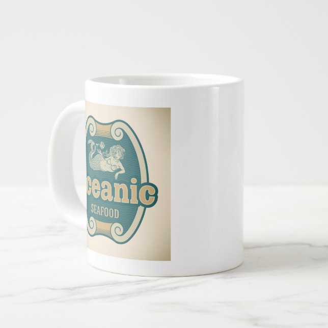 Retro-styled mermaid seafood label giant coffee mug (Front Left)