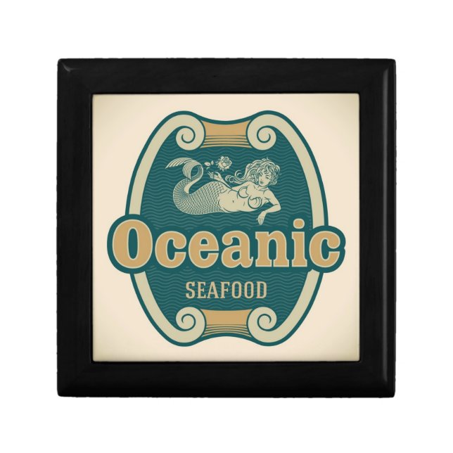 Retro-styled mermaid seafood label gift box (Front)