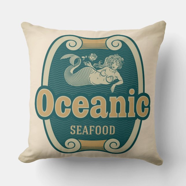 Retro-styled mermaid seafood label throw pillow (Front)