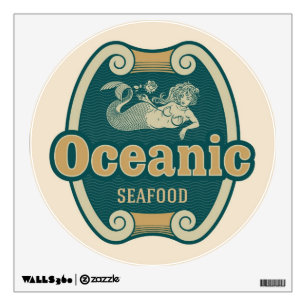 Retro-styled mermaid seafood label wall decal