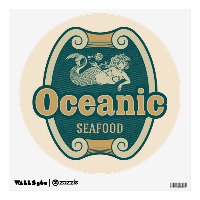 Retro-styled mermaid seafood label wall decal (Front)