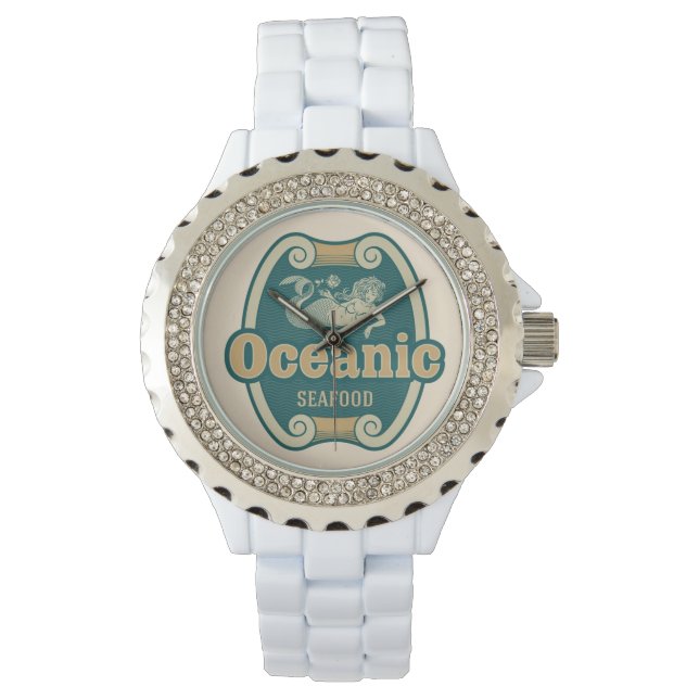 Retro-styled mermaid seafood label watch (Front)