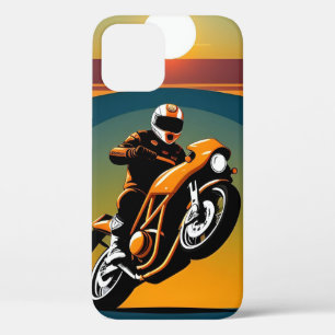 Retro Styled Motorcycle Rider in Scenic Sunset iPhone 12 Pro Case