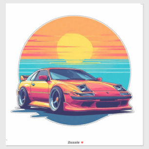 Retro Styled Sports Car with Sunset Background Sticker