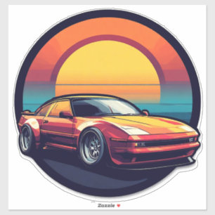 Retro Styled Sports Car with Sunset Background Sticker