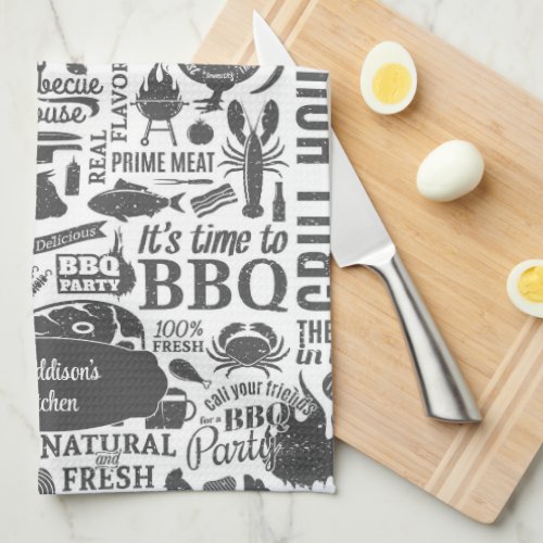 Retro Styled Typographic Barbecue Pattern Kitchen Towel