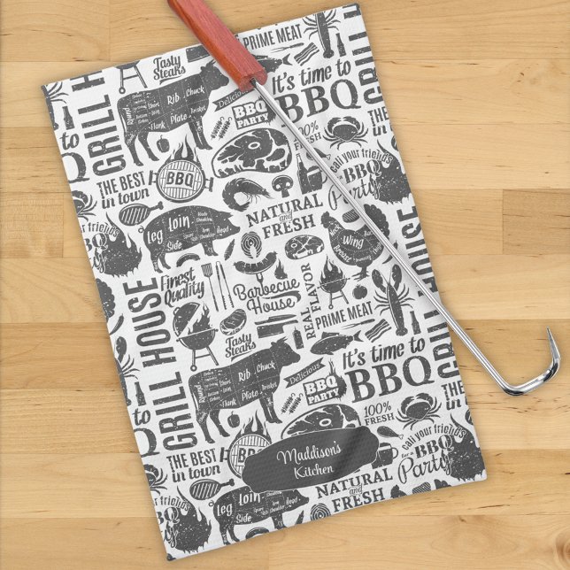 Retro Styled Typographic Barbecue Pattern Kitchen Towel (Creator Uploaded)