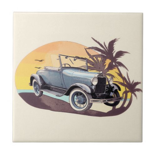 Retro stylised cartoon car automobile Palm Springs Ceramic Tile