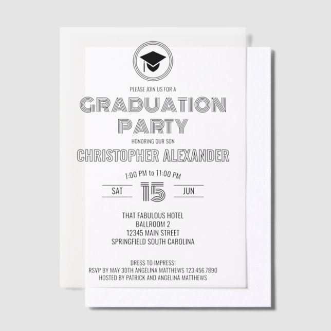 Retro Stylish Black Mixed Fonts Graduation Party Vellum Invitations (Offset)