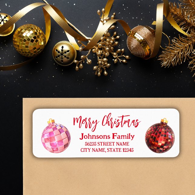 retro stylish disco balls red script christmas label (Creator Uploaded)
