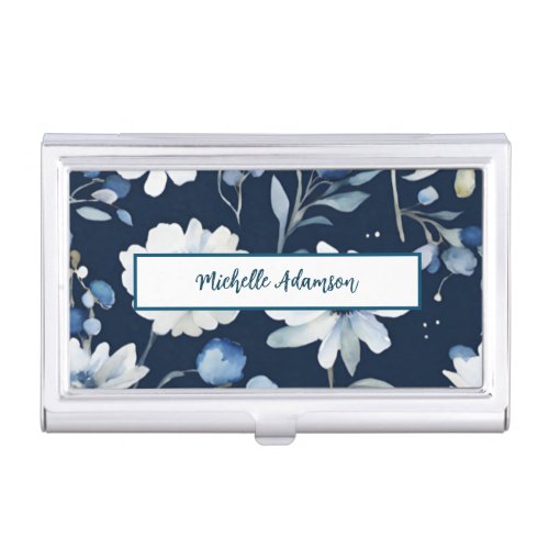 Retro Stylish Elegant Plain Blue White Flowers Business Card Case