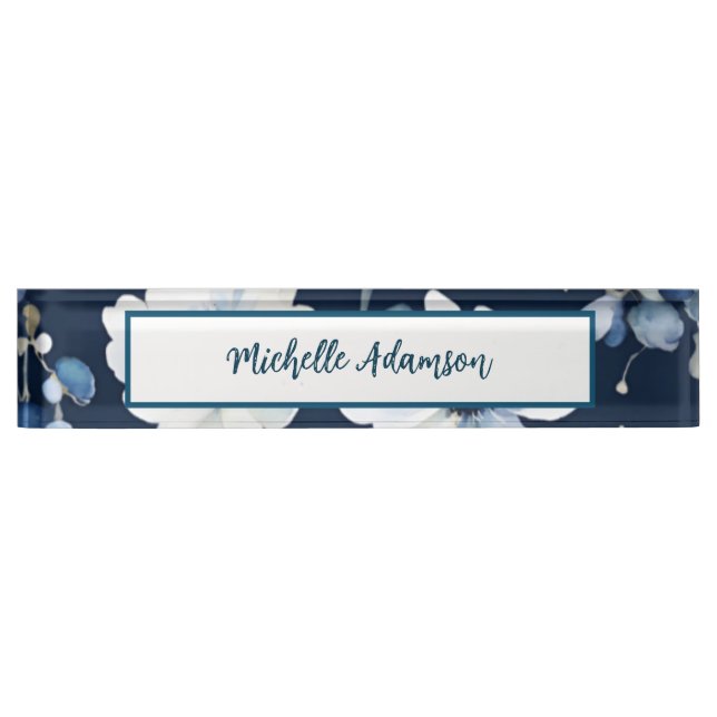 Retro Stylish Elegant Plain Blue White Flowers Desk Name Plate (Front)