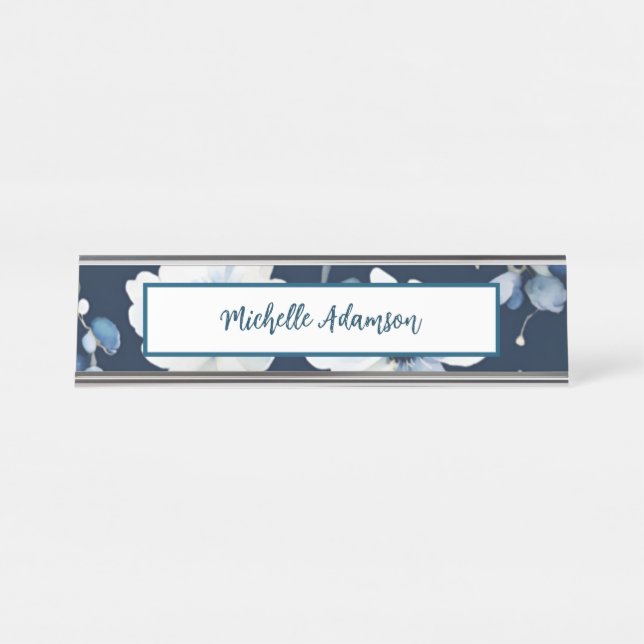 Retro Stylish Elegant Plain Blue White Flowers Desk Name Plate (Front)