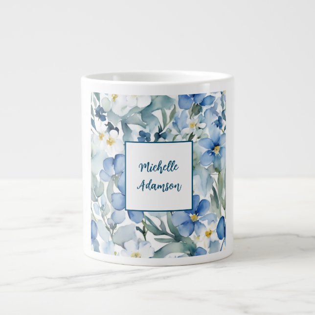 Retro Stylish Elegant Plain Blue White Flowers Giant Coffee Mug (Front)