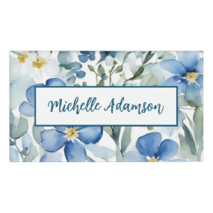 Retro Stylish Elegant Plain Blue White Flowers Name Tag