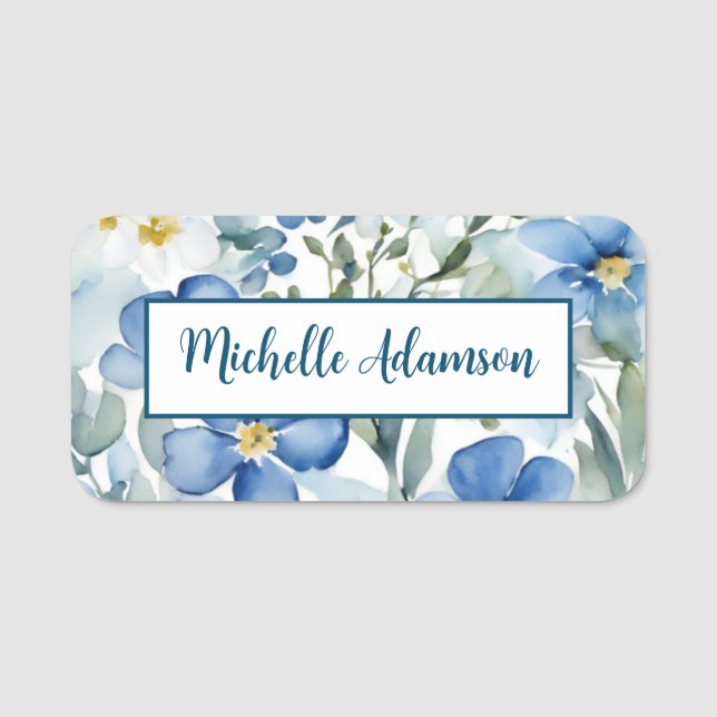 Retro Stylish Elegant Plain Blue White Flowers Name Tag