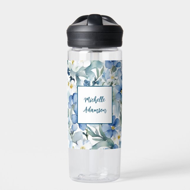 Retro Stylish Elegant Plain Blue White Flowers Water Bottle (Front)