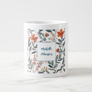 Retro Stylish Elegant Plain Flowers Your Name Giant Coffee Mug