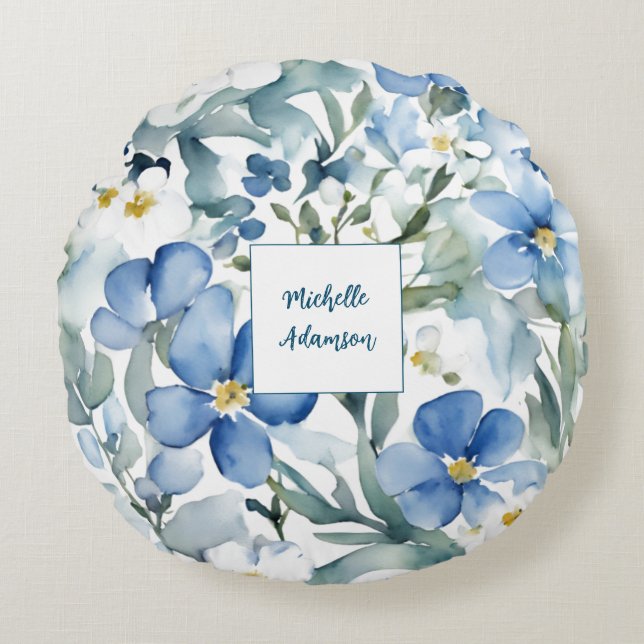 Retro Stylish Elegant Plain Flowers Your Name Round Pillow (Front)