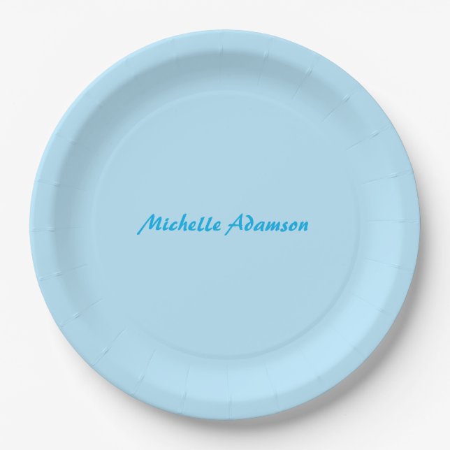 Retro Stylish Elegant Plain Sky Blue White Paper Plates (Front)