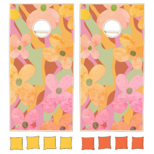 Retro Stylish Waves Swirls Colorful Floral Cornhole Set
