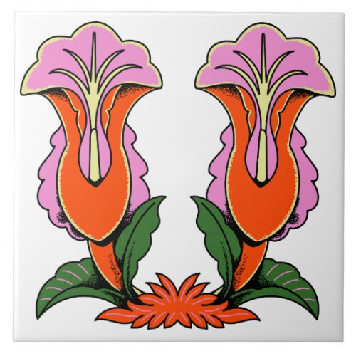 Retro Stylized Lily Flower Botanical Ceramic Tile