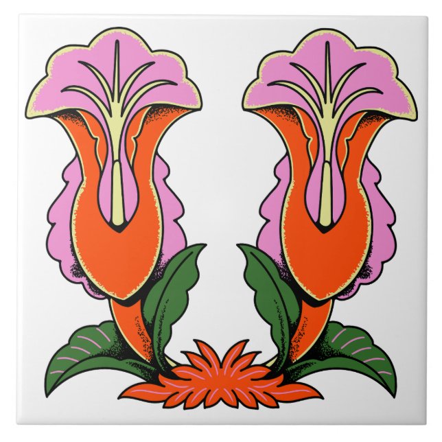 Retro Stylized Lily Flower Botanical Ceramic Tile (Front)