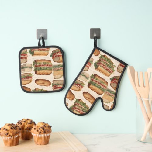 Retro Sub Sandwich Cooking Caterer Catering Chef  Oven Mitt  Pot Holder Set