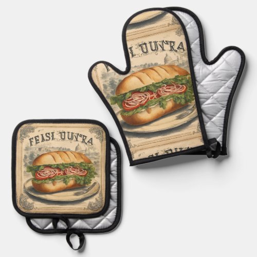 Retro Sub Sandwich Cooking Caterer Catering Chef  Oven Mitt  Pot Holder Set