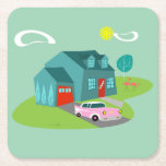 Retro Suburban House Acrylic Hard Paper Coasters<br><div class="desc">This Retro Suburban House Hard Paper Coasters pattern features a typical American home in a typical American neighborhood, circa 1950. A teal home with a peacock blue roof, and turquoise windows are perfectly offset by a vibrant red front door and garage door. A classic pink, 1950’s finned convertible car is...</div>