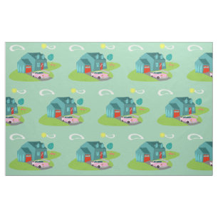 Retro Suburban House Combed Cotton Fabric