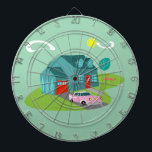 Retro Suburban House Dart Board<br><div class="desc">This Retro Suburban House Dart Board pattern features a typical American home in a typical American neighborhood, circa 1950. A teal home with a peacock blue roof, and turquoise windows are perfectly offset by a vibrant red front door and garage door. A classic pink, 1950’s finned convertible car is parked...</div>