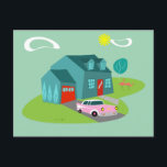 Retro Suburban House Postcard<br><div class="desc">This Retro Suburban House Postcard pattern features a typical American home in a typical American neighborhood, circa 1950. A teal home with a peacock blue roof, and turquoise windows are perfectly offset by a vibrant red front door and garage door. A classic pink, 1950’s finned convertible car is parked on...</div>