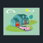 Retro Suburban House Postcard<br><div class="desc">This Retro Suburban House Postcard pattern features a typical American home in a typical American neighborhood, circa 1950. A teal home with a peacock blue roof, and turquoise windows are perfectly offset by a vibrant red front door and garage door. A classic pink, 1950’s finned convertible car is parked on...</div>