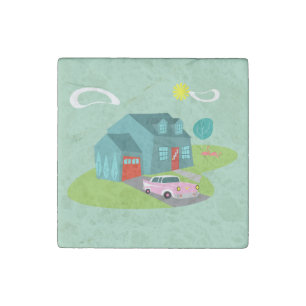 Retro Suburban House Stone Magnet