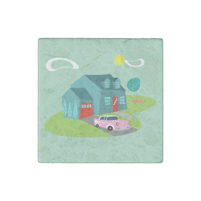 Retro Suburban House Stone Magnet (Front)
