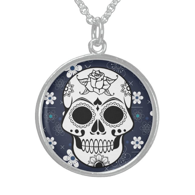 Retro Sugar skull blue Customizable Necklace (Front)
