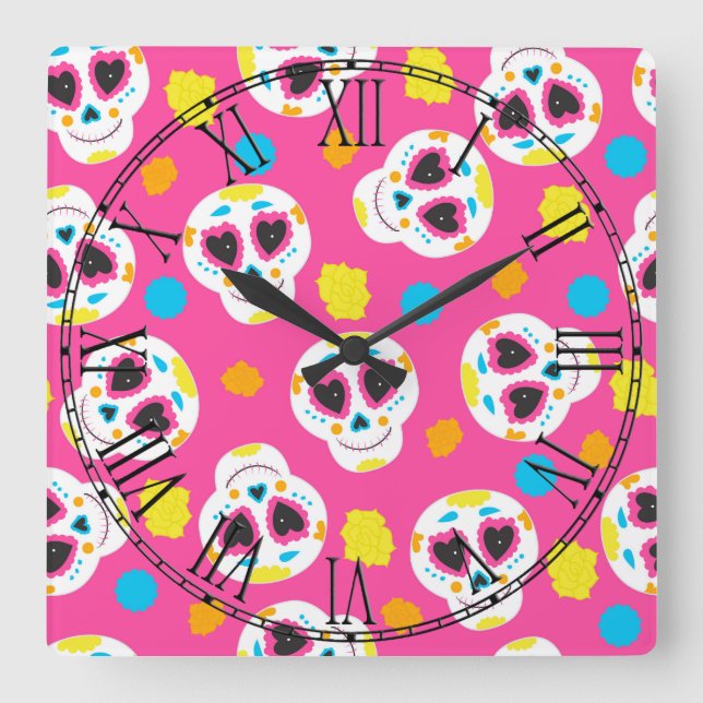 Retro Sugar Skull Square Wall Clock (Front)