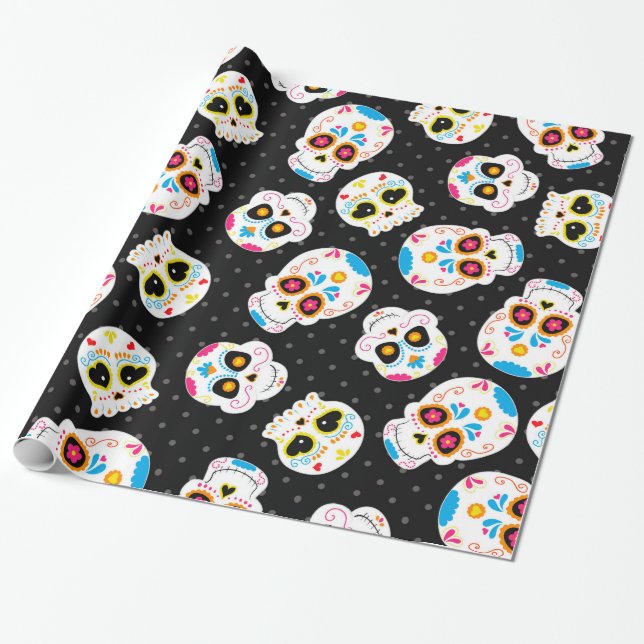 Retro Sugar Skull Wrapping Paper (Unrolled)