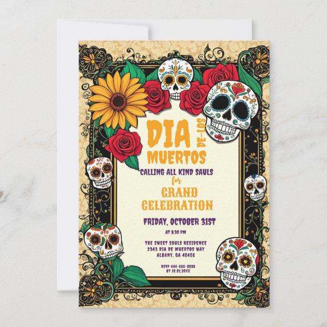 Retro Sugar Skulls Día de los Muertos Celebration  Invitation (Front)