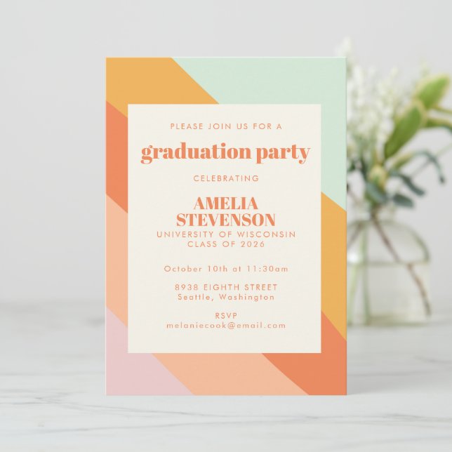 Retro Summer Abstract Stripes Graduation Party Invitation (Standing Front)