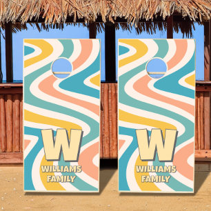 Retro summer beach family name Cornhole Set