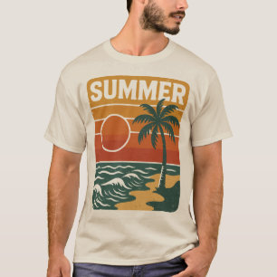 Retro summer beach illustration with palm tree and T-Shirt