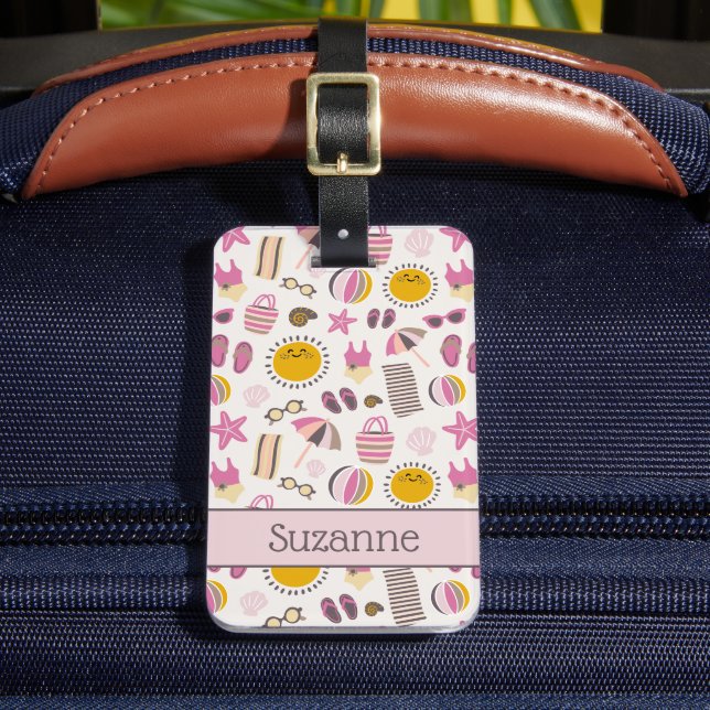 Retro Summer Beach, Personalised Name Luggage Tag (Front Insitu 2)